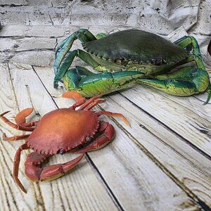 2 Crab Figurine Realistic Detailed 11x8" 6x4" Hard Plastic PVC Blue and Orange